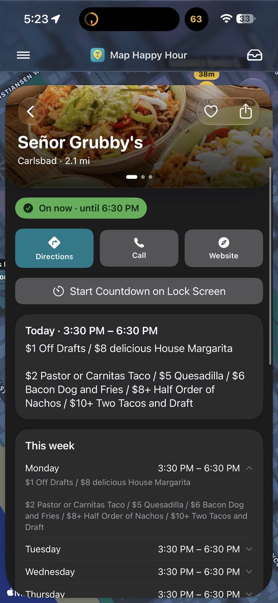 Map Happy Hour screen
