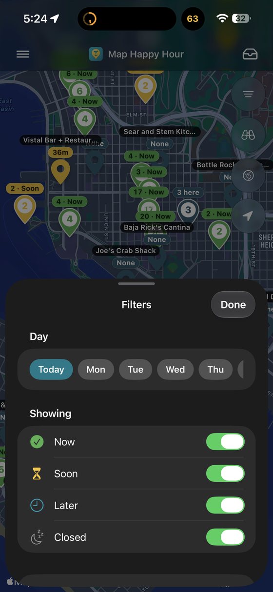 Map Happy Hour screen