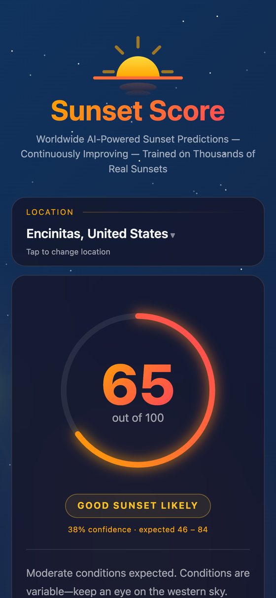 Sunset Score in a phone browser