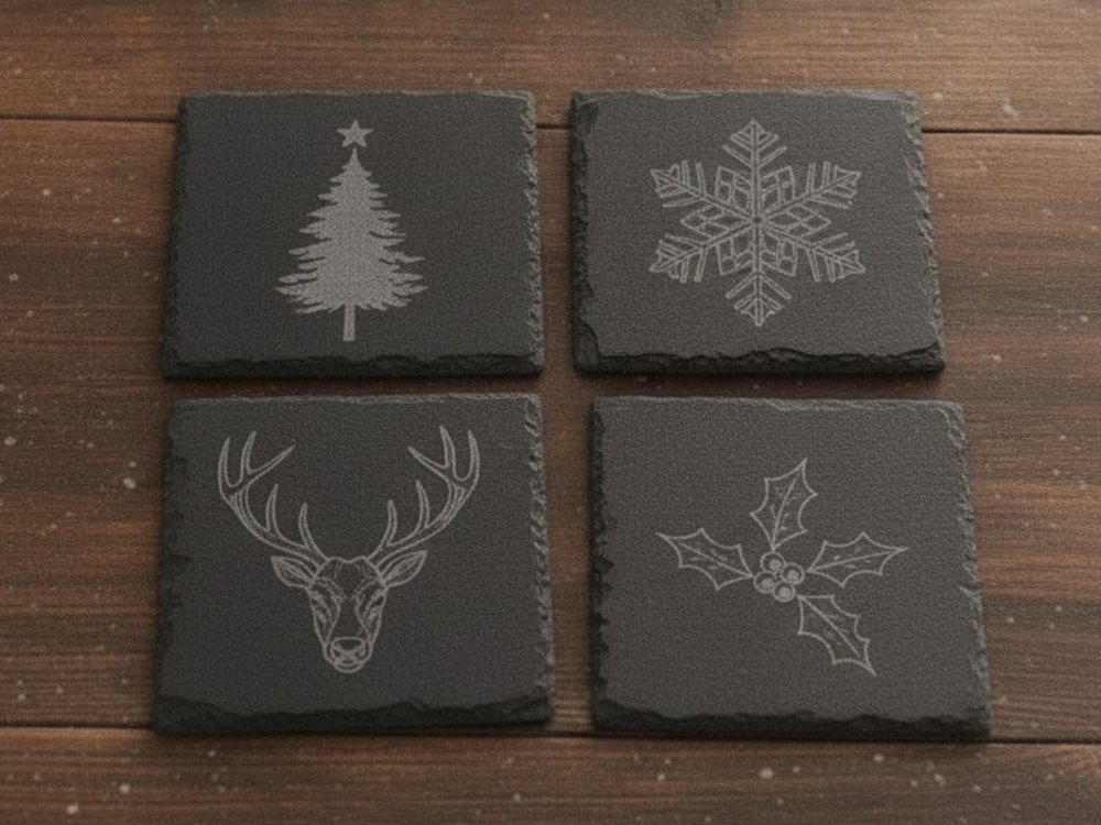 Mock-up of an engraved slate coaster set: a pine, a snowflake, a reindeer and holly