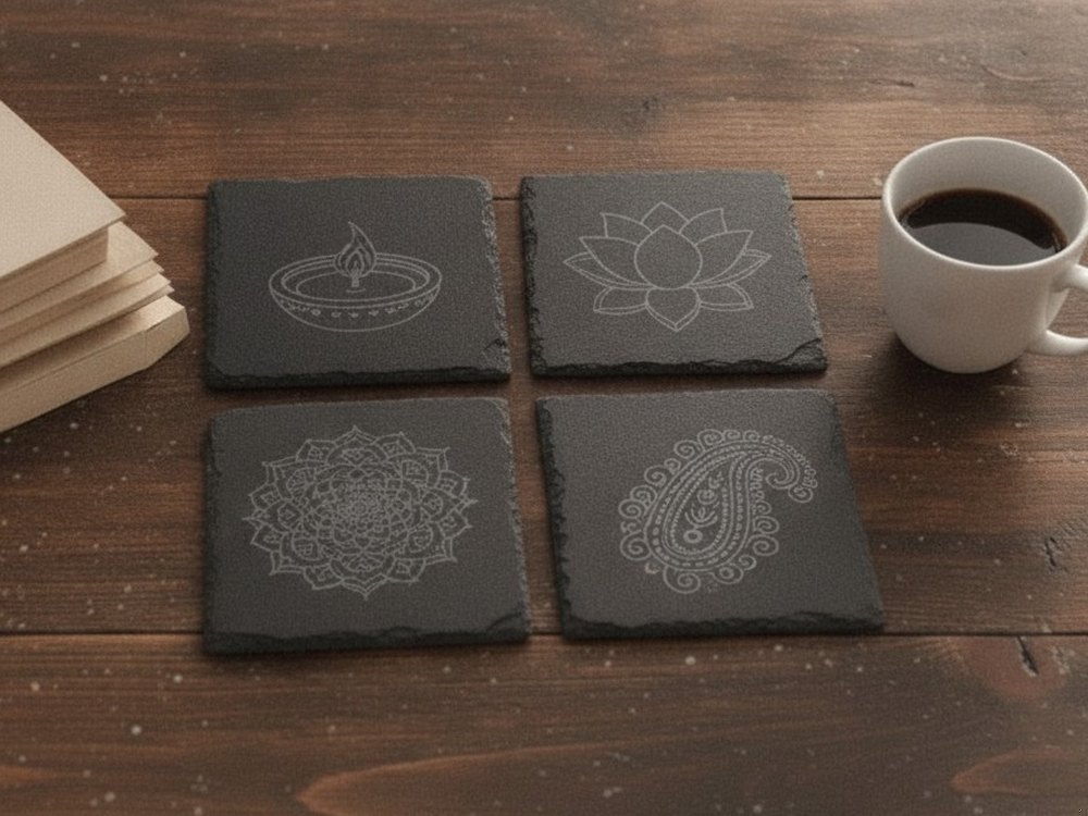 Mock-up of an engraved slate coaster set: a clay lamp, a lotus, a mandala and a paisley