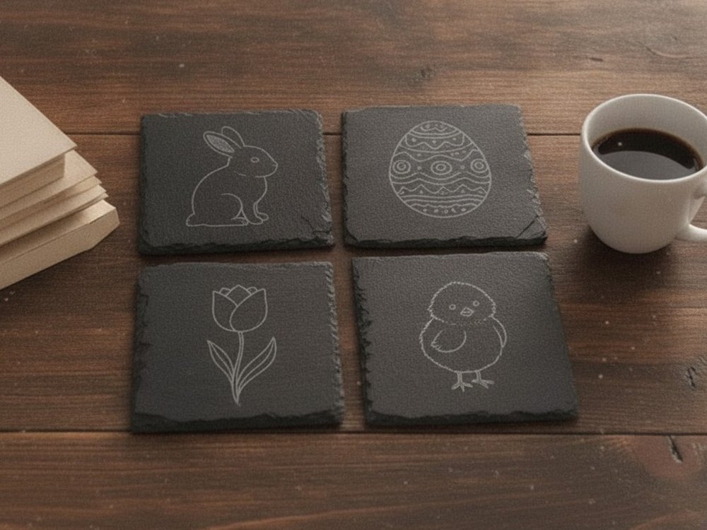 Mock-up of an engraved slate coaster set: a rabbit, an egg, a tulip and a chick
