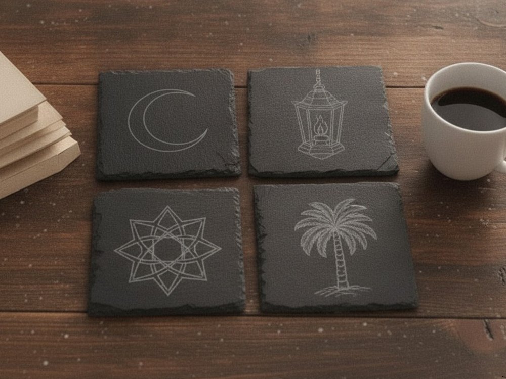 Mock-up of an engraved slate coaster set: a crescent, a lantern, a geometric star and a date palm