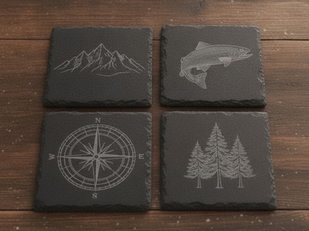 Mock-up of an engraved slate coaster set: mountains, a trout, a compass and pines