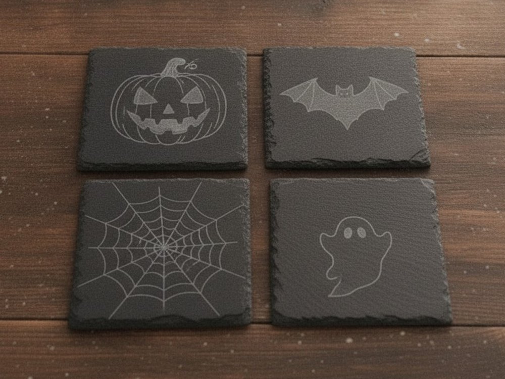 Mock-up of an engraved slate coaster set: a pumpkin, a bat, a web and a ghost