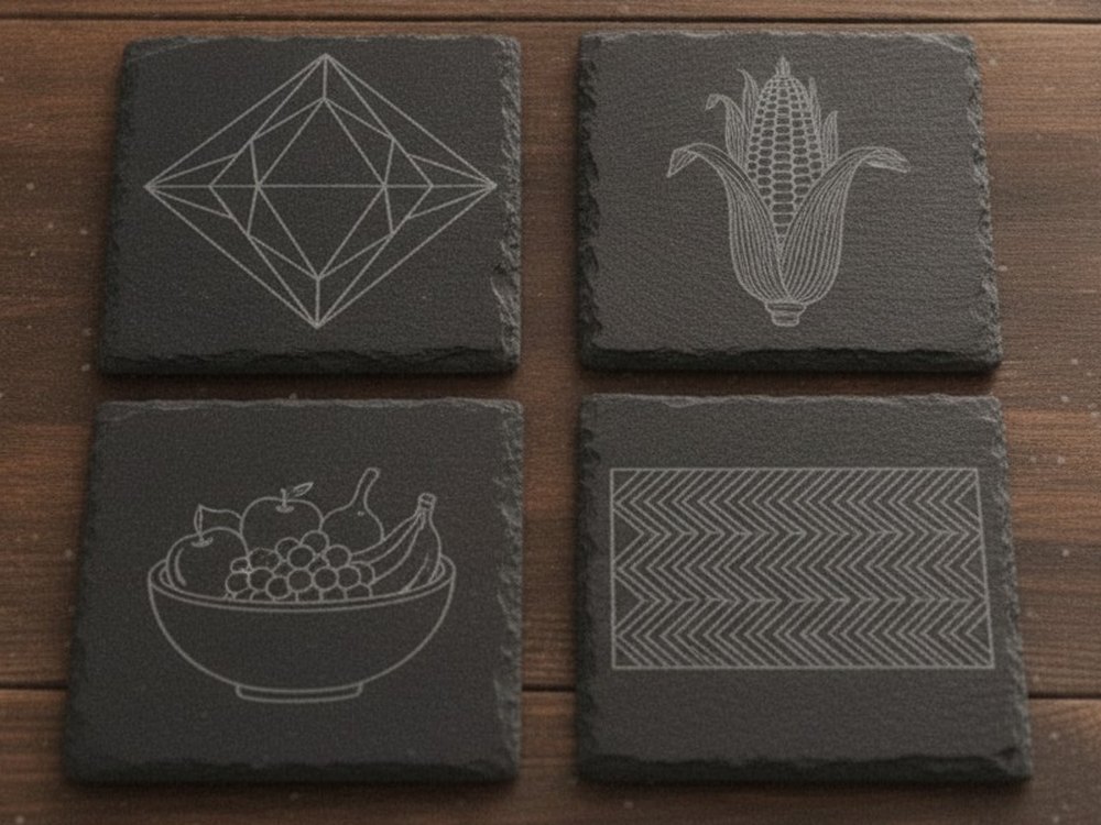 Mock-up of an engraved slate coaster set: a diamond pattern, corn, fruit and a woven band