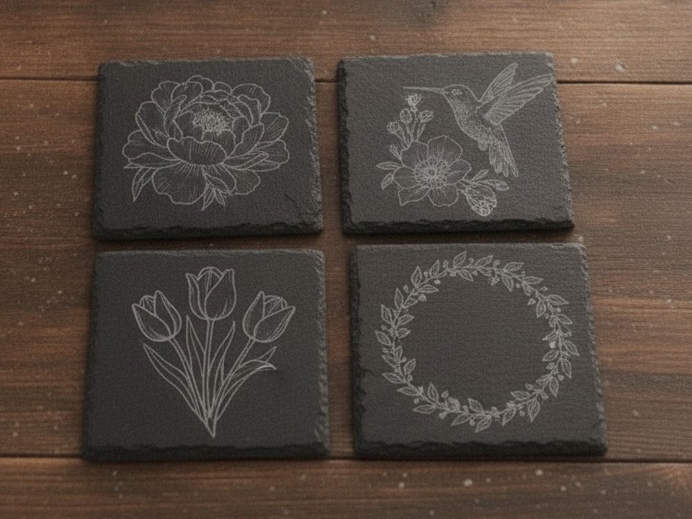Mock-up of an engraved slate coaster set: a peony, a hummingbird, tulips and a wreath