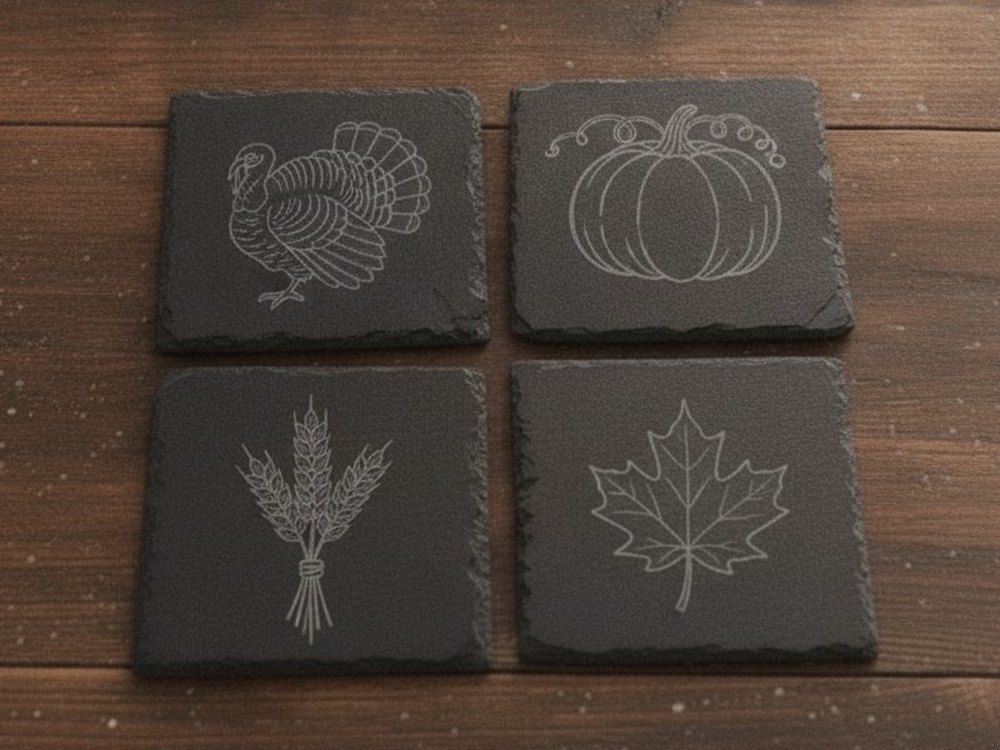Mock-up of an engraved slate coaster set: a turkey, a pumpkin, wheat and a maple leaf