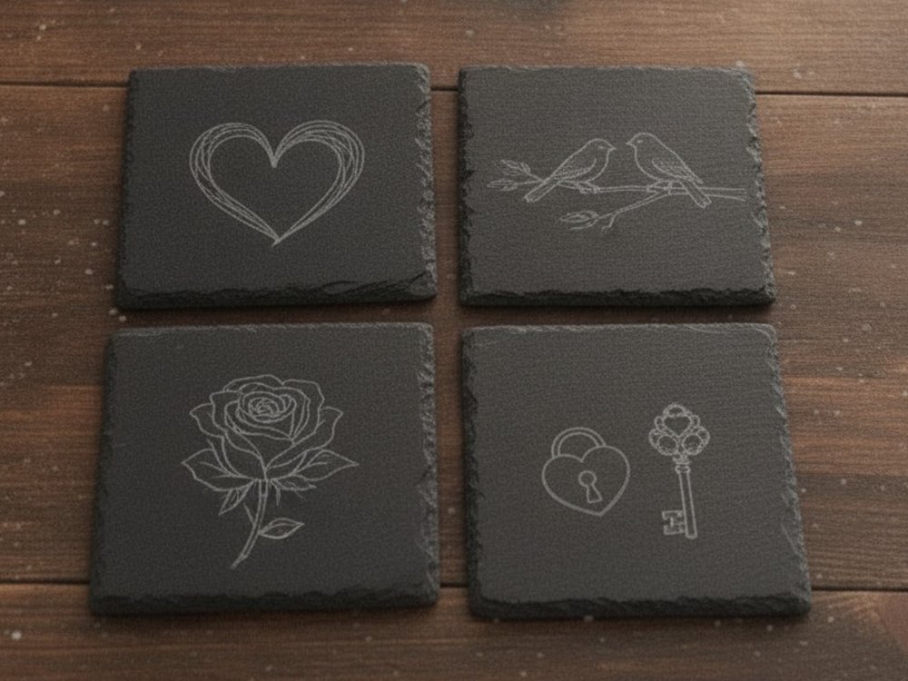 Mock-up of an engraved slate coaster set: a heart, two birds, a rose and a lock and key